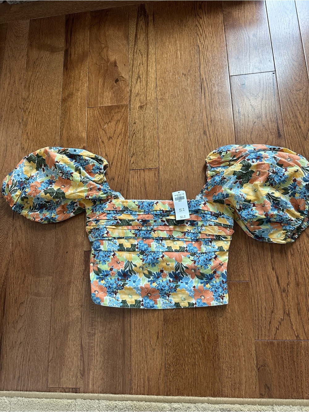 NWT- Abercrombie Floral Puff-Sleeve Crop Top - Yellow, Orange & Blue
